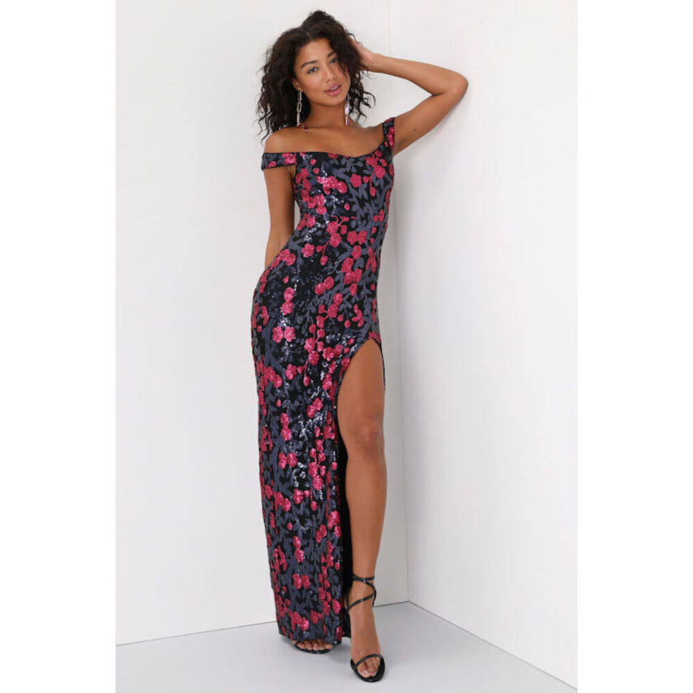 Lulus Blooming Sparkle Black Floral Sequin Off-the-shoulder Maxi Dress - Size L